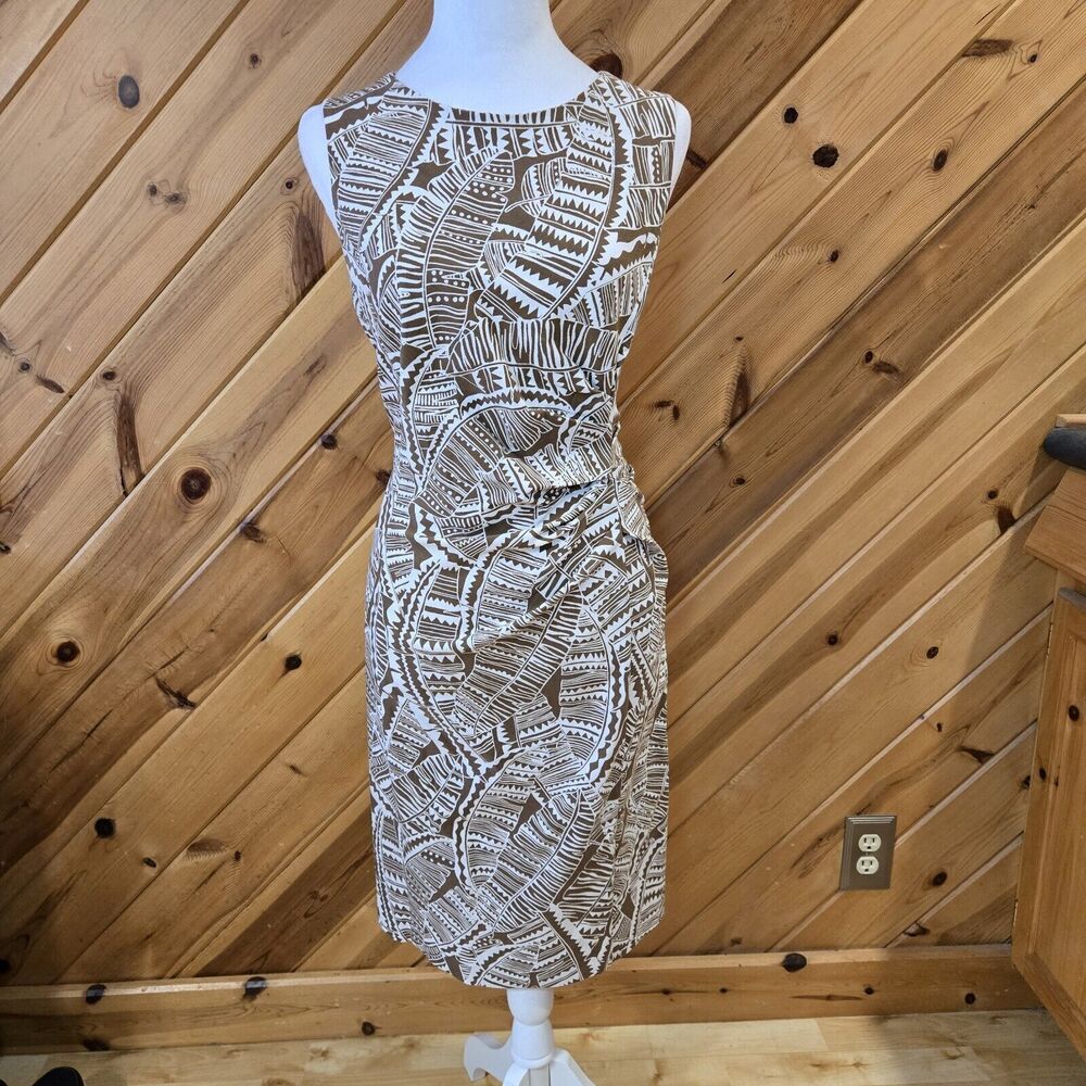 J. McLaughlin Cream and Brown Printed Midi Dress